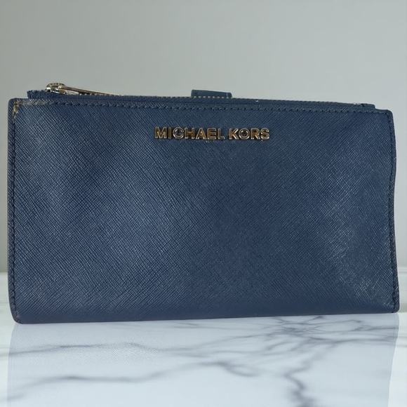Michael Kors Jet Set Travel Large Double Zip Wristlet Wallet (Navy) - Picture 1 of 12